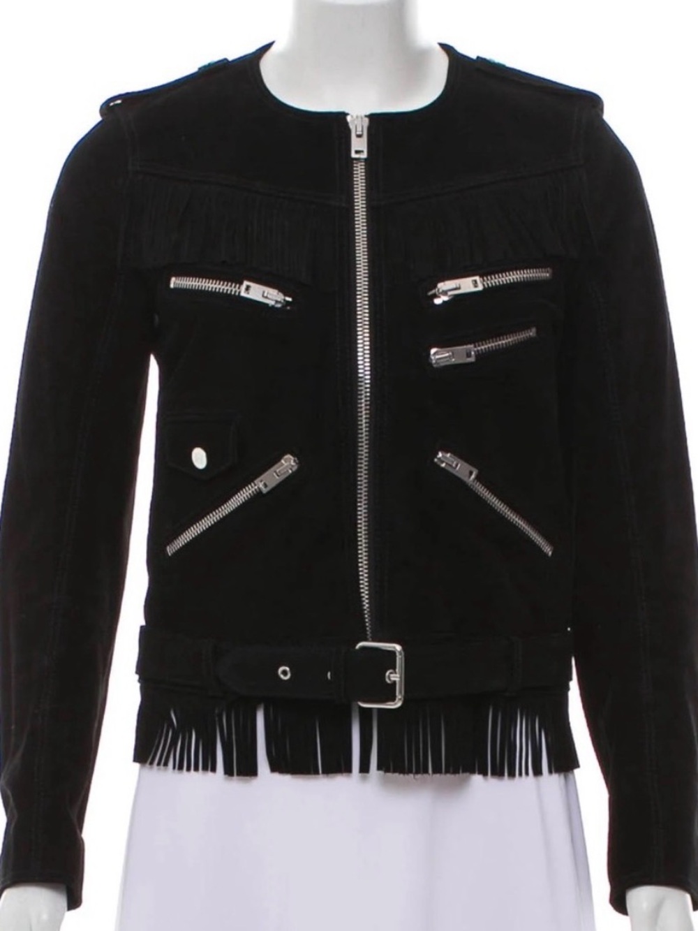 The Kooples Black Suede Fringe Moto Jacket with Silver Zippers